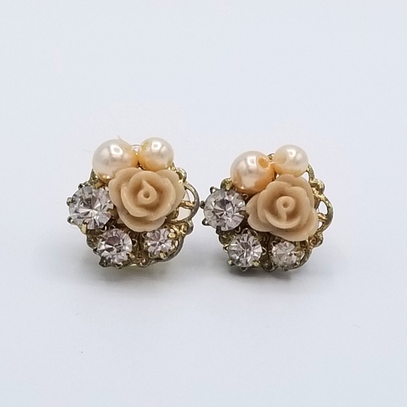 Source Unknown Jewelry - Vintage Rose, Crystal and Pearl Stud Earring Set